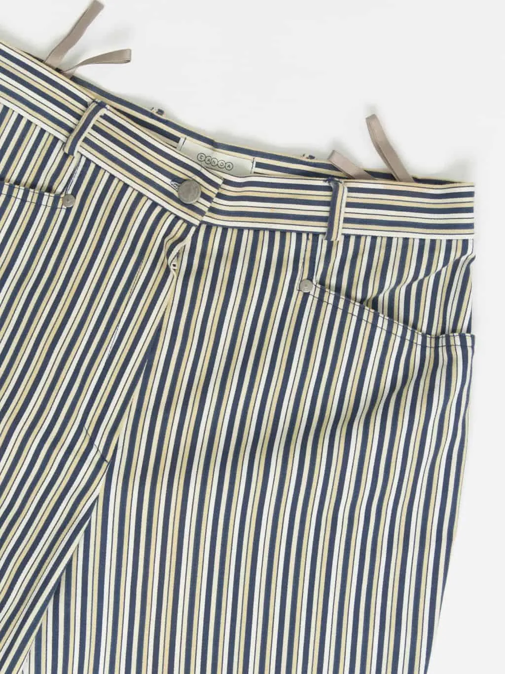 Vintage blue yellow white striped trousers with belt loops 90s UK12