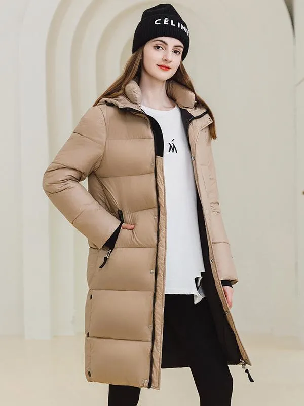 Winter Longline Overcoat with Hood and Zipper Closure.