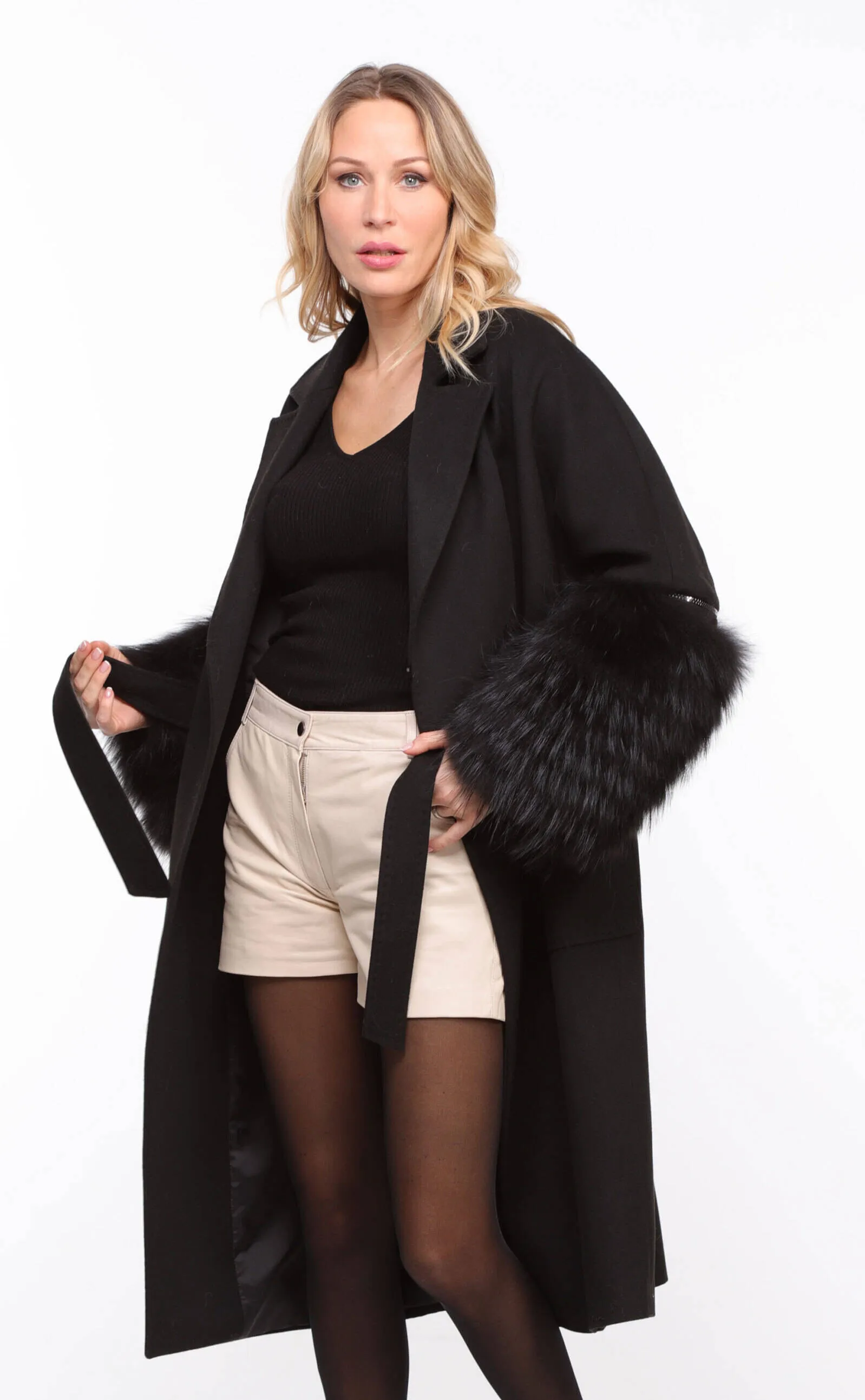 Women's black fabric fox coat - Jana - Shop Now