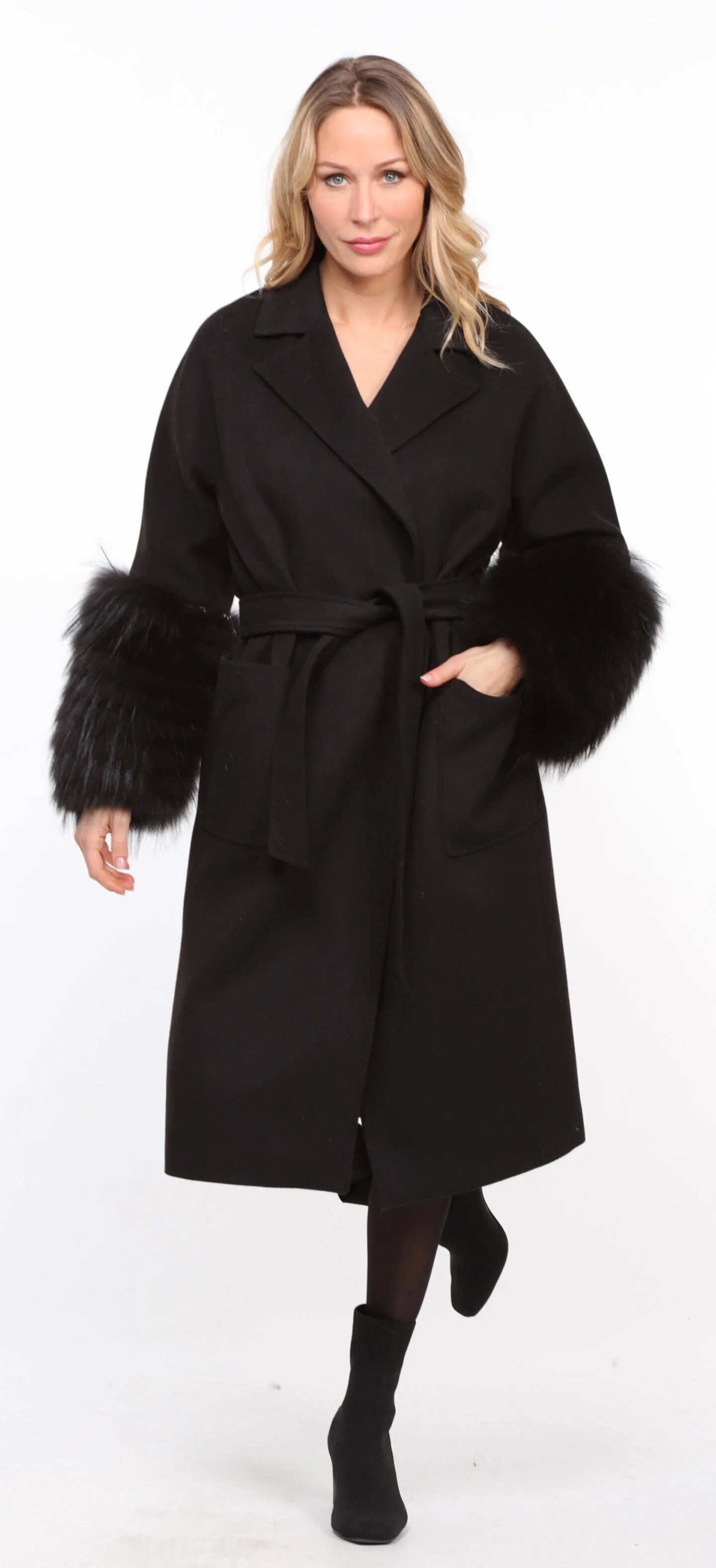 Women's black fabric fox coat - Jana - Shop Now