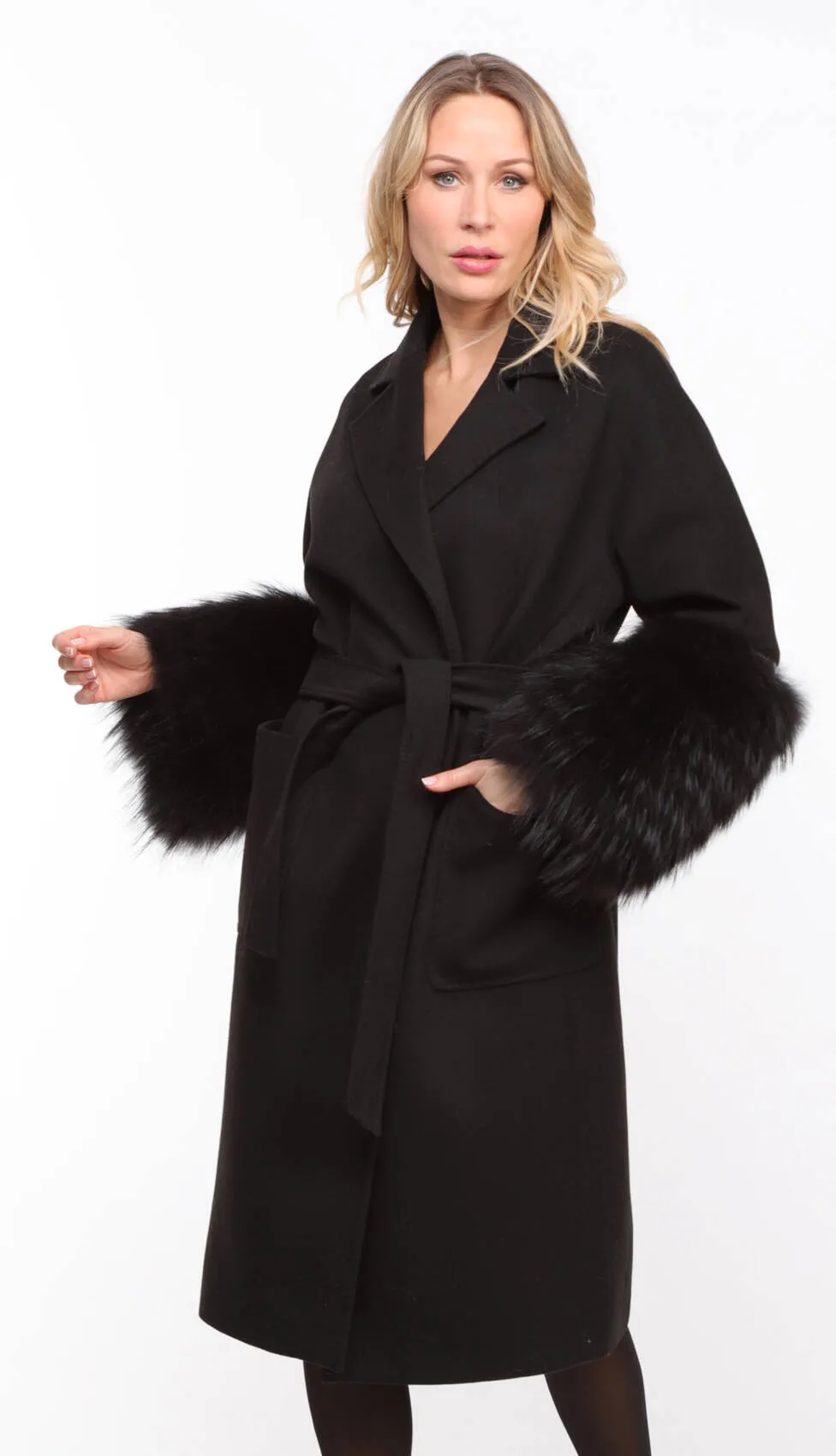 Women's black fabric fox coat - Jana - Shop Now