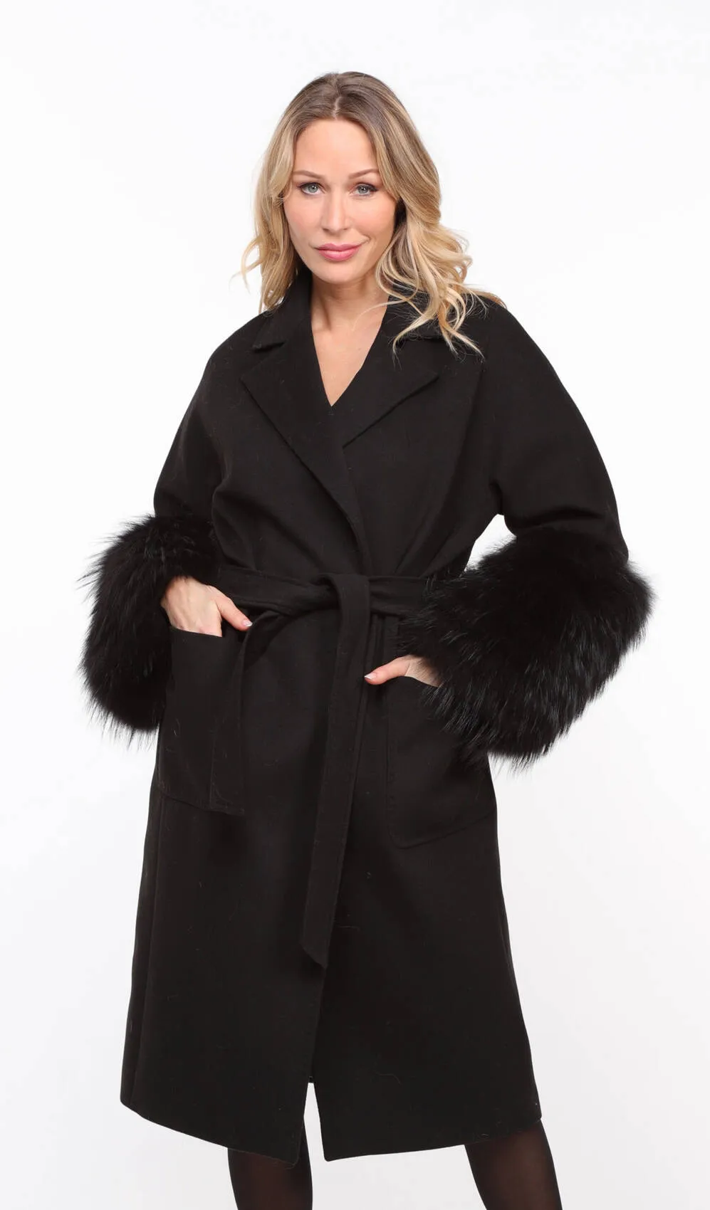 Women's black fabric fox coat - Jana - Shop Now