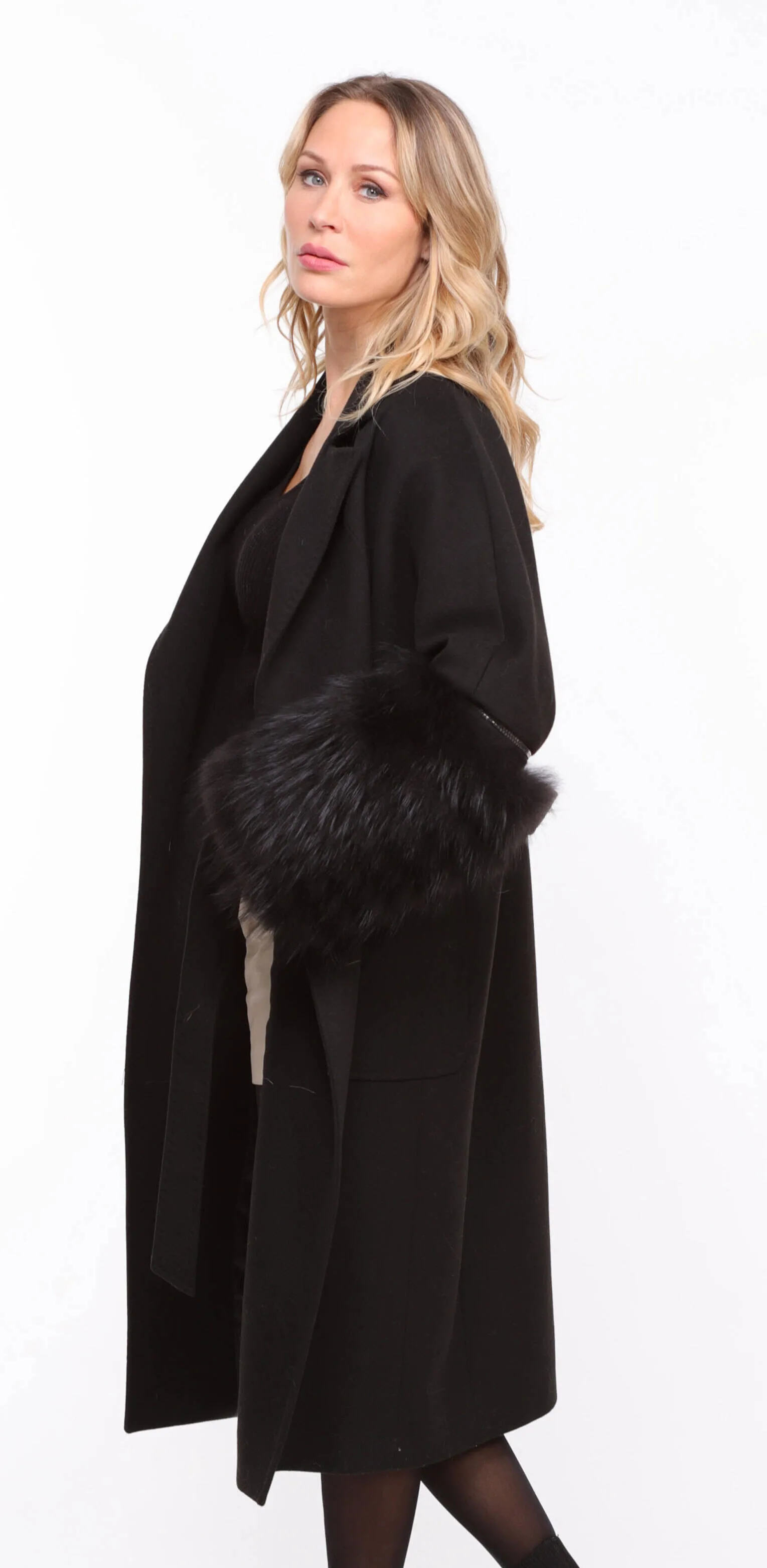 Women's black fabric fox coat - Jana - Shop Now