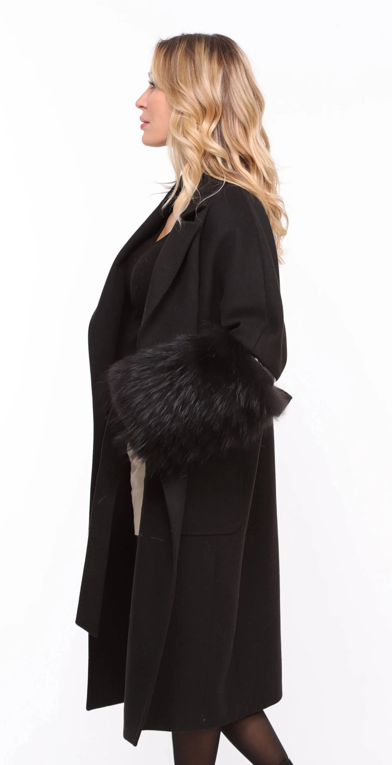 Women's black fabric fox coat - Jana - Shop Now