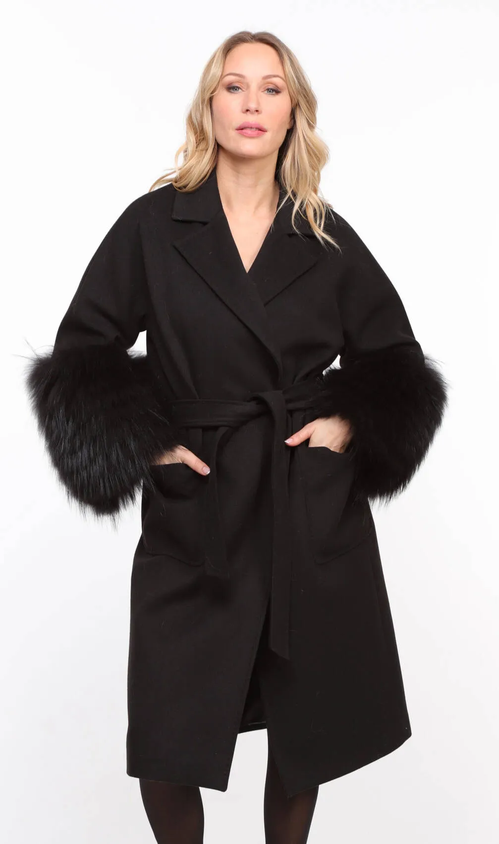 Women's black fabric fox coat - Jana - Shop Now