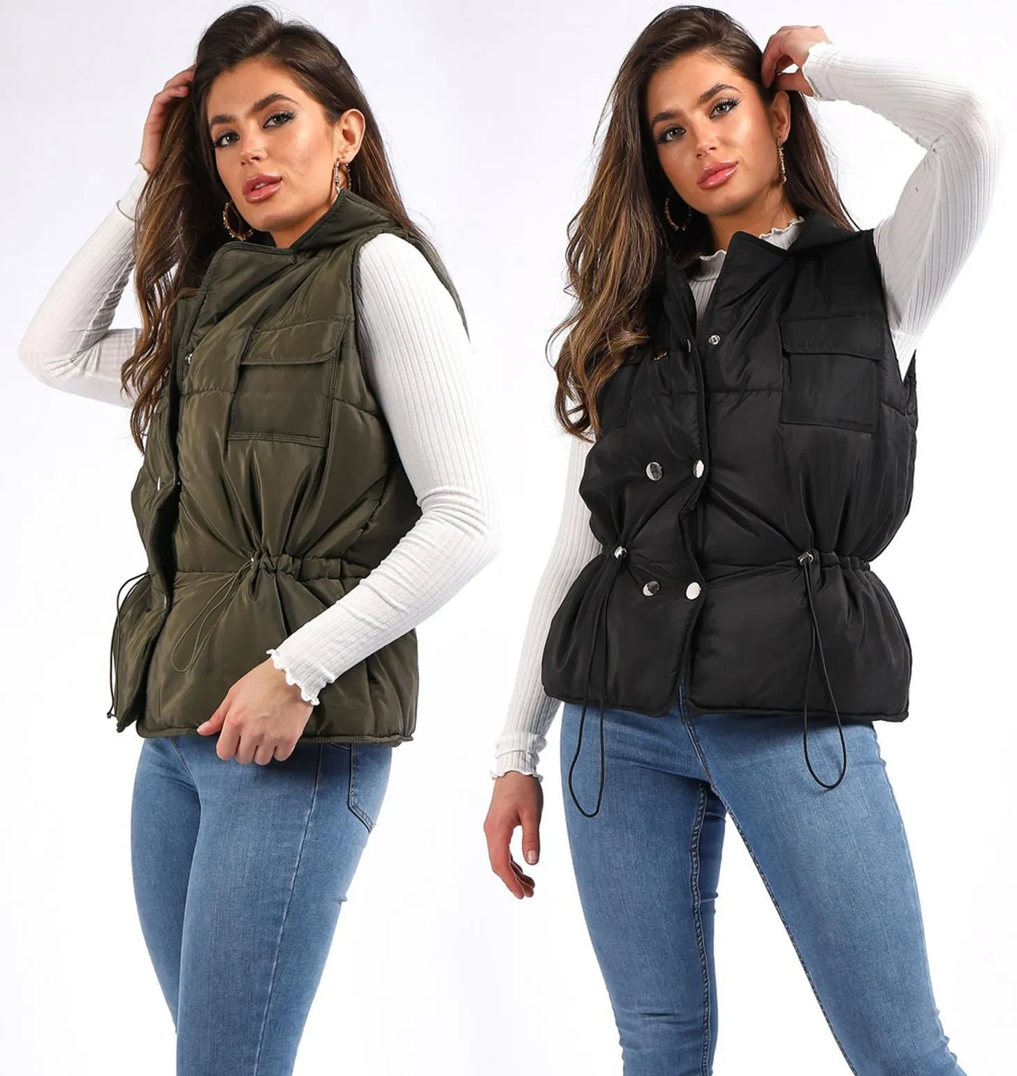 Women's Quilted Bodywarmer Gilet Jacket, Black, Khaki, UK Sizes 10 to 16