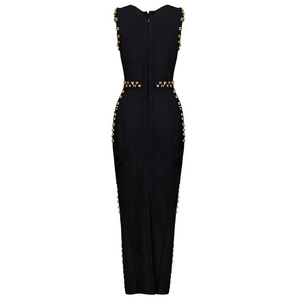 Metal Studded Slim Fit Split Bandage Women's Round Neck Sleeveless Dress