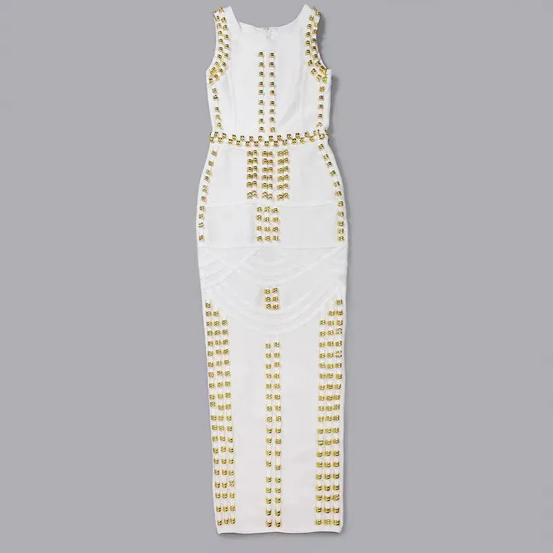 Metal Studded Slim Fit Split Bandage Women's Round Neck Sleeveless Dress