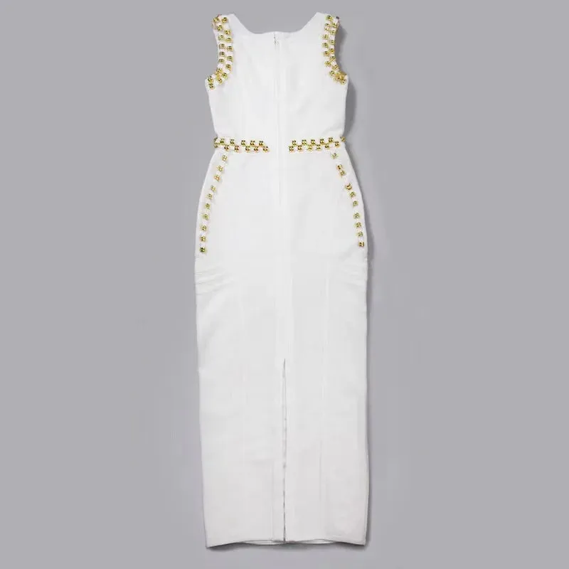 Metal Studded Slim Fit Split Bandage Women's Round Neck Sleeveless Dress