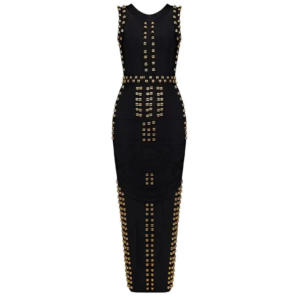 Metal Studded Slim Fit Split Bandage Women's Round Neck Sleeveless Dress