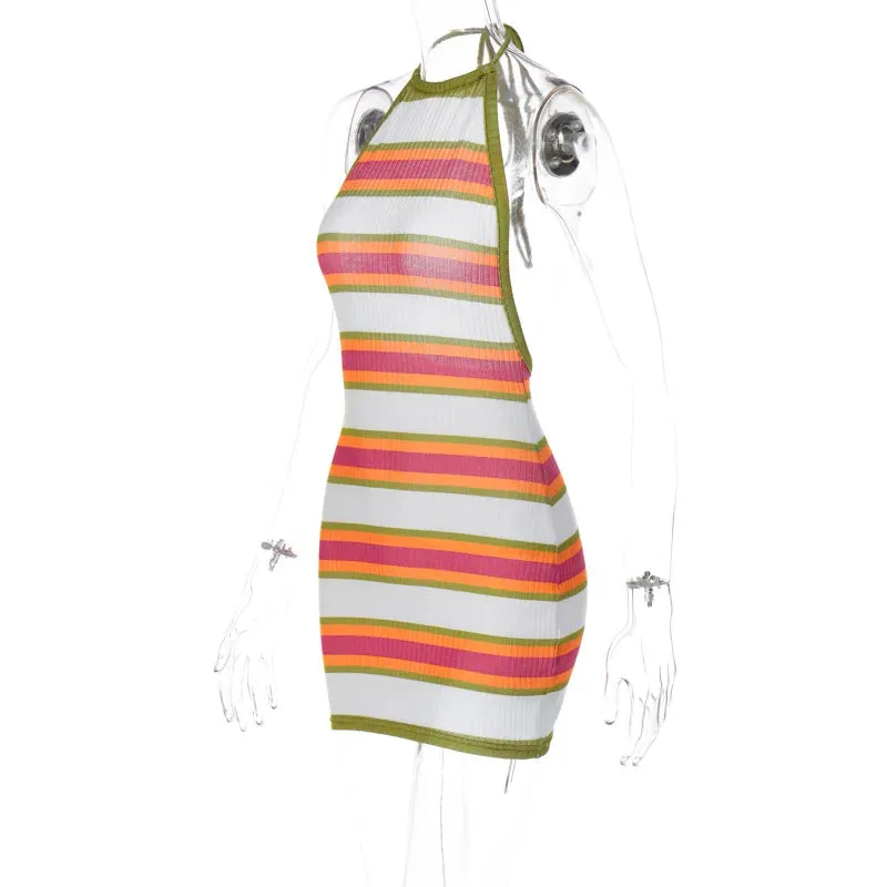 Halter Neck Beachwear Mini Women's Summer Multi-Color Stripe Knit Dress