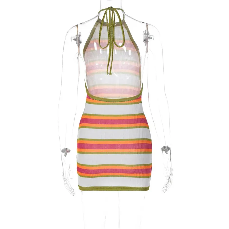 Halter Neck Beachwear Mini Women's Summer Multi-Color Stripe Knit Dress