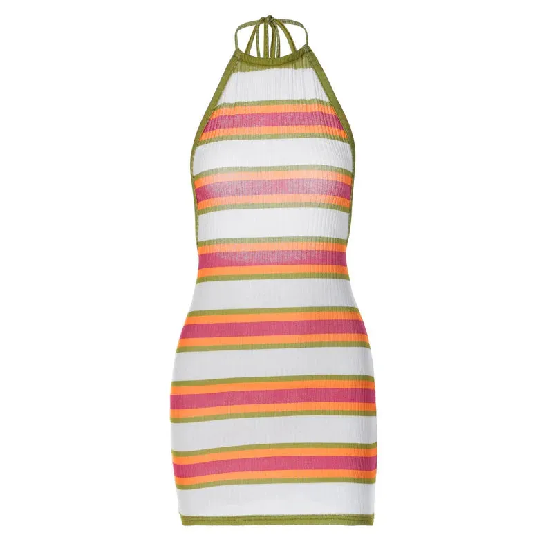 Halter Neck Beachwear Mini Women's Summer Multi-Color Stripe Knit Dress