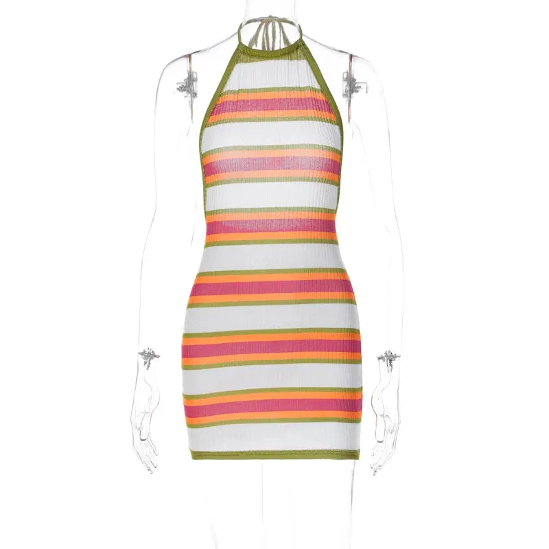 Halter Neck Beachwear Mini Women's Summer Multi-Color Stripe Knit Dress