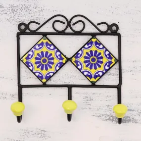 Yellow Floral Ceramic Coat Rack - Royal Blossoms Design from India