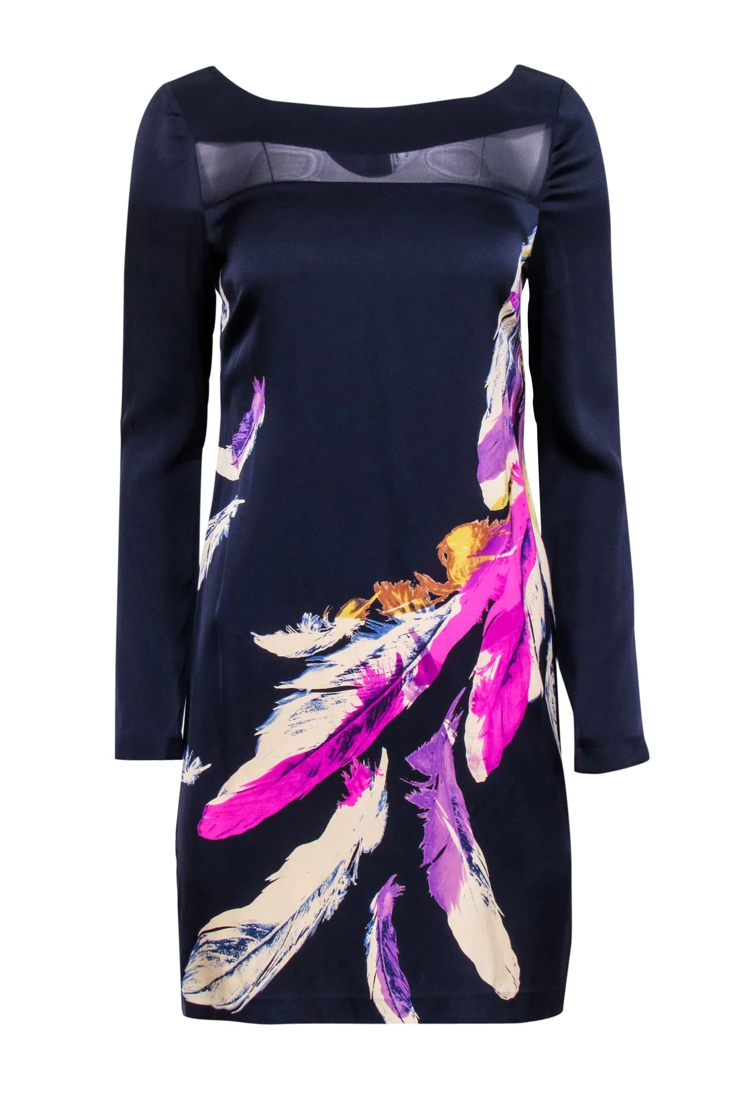 Yoana Baraschi - Navy & Multi Color Feather Print Silk Blend Dress Sz 6