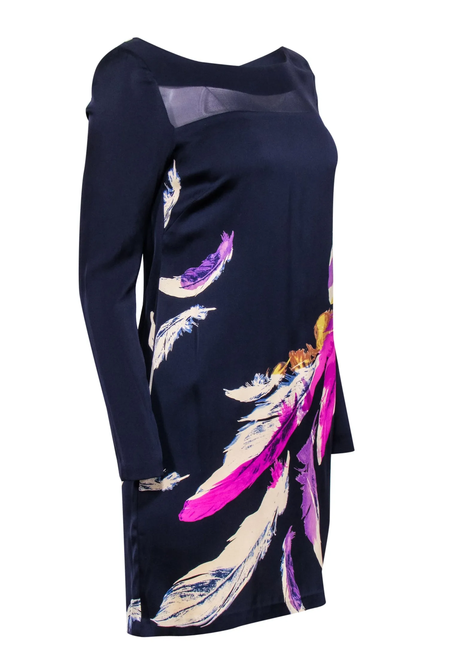 Yoana Baraschi - Navy & Multi Color Feather Print Silk Blend Dress Sz 6